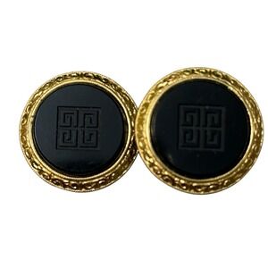 Vintage Givenchy Clip On Earrings Gold Tone Black Stone Etched Engraved Logo
